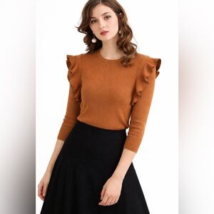 Apparalel Ruffled Shoulder Long Sleeve Top Brown Size Small